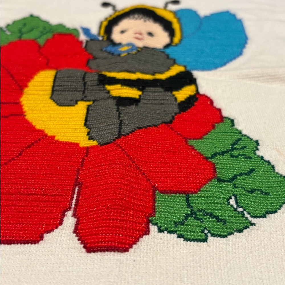 Vintage Handmade Needlepoint Pillow Cover Bee Child on Flower - Picture 2 of 8